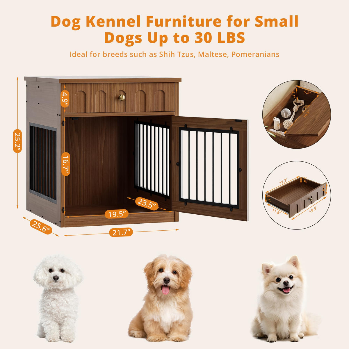 IRONCK 25.6" Small Dog Crate Furniture with Drawer and Flip Top, Walnut
