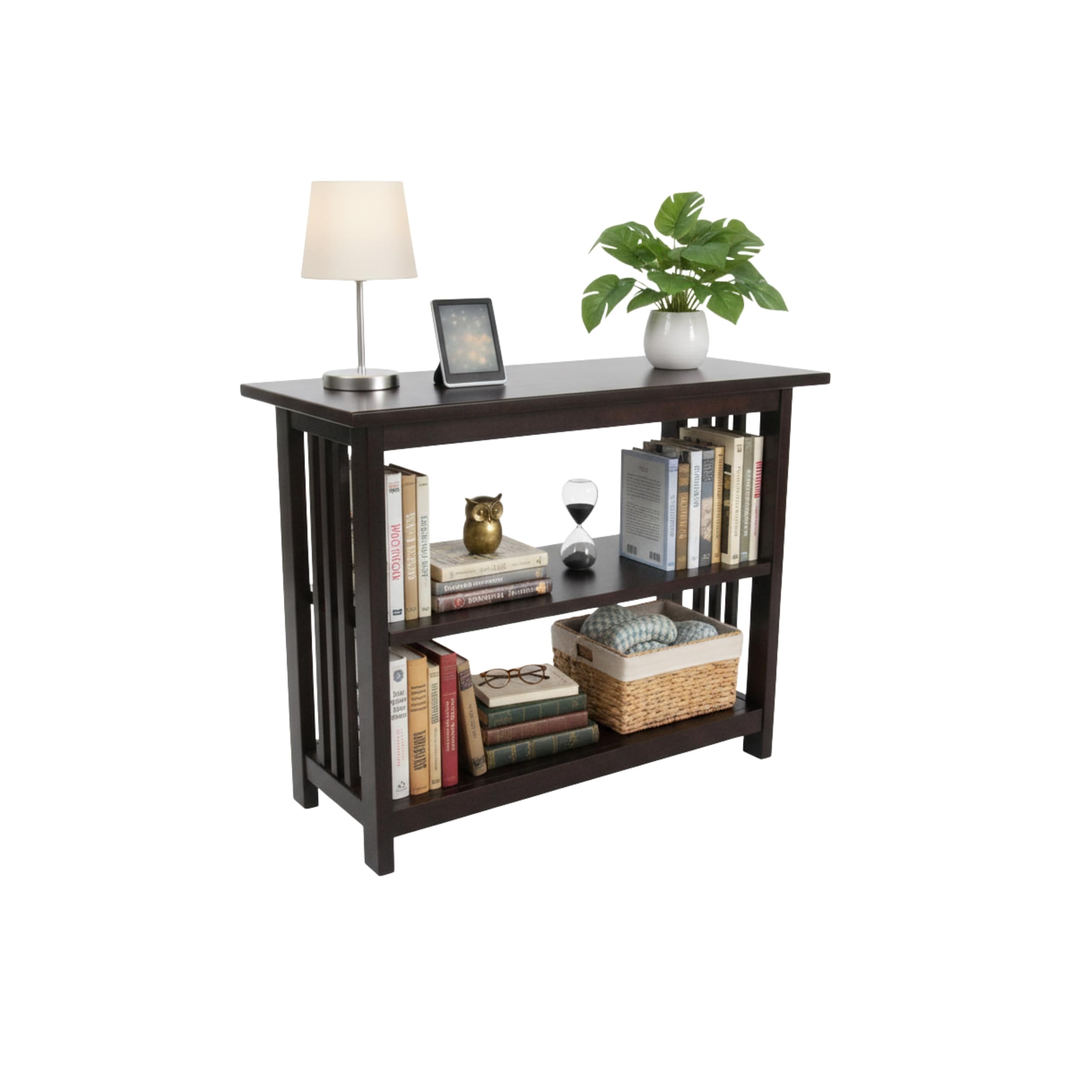 Alaterre Furniture Mission 3-Tier Under Window Bookshelf with Adjustable Middle Shelf and Vertical Slat Side Panels – Space Saving Bookcase for Office, Living Room, or Bedroom (Espresso)