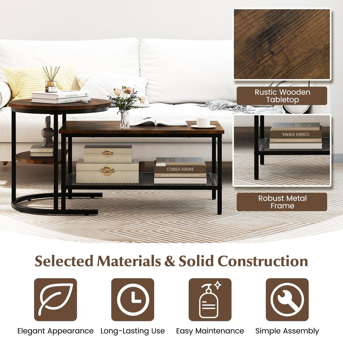 KOTEK Nesting Coffee Table Set of 2, Detachable Rectangular Coffee Table & Small Round End Table Set, Faux Marble Pattern & Sturdy Metal Frame, Modern Nesting Tables for Living Room (Brown)