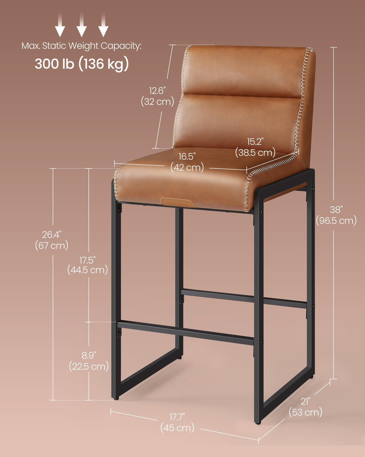 VASAGLE Bar Stools Set of 2, Counter Height Chairs with Backs, 26.4-Inch