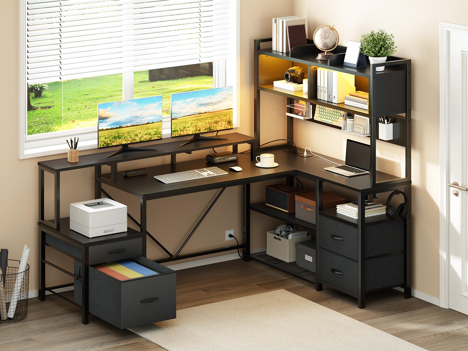 75" L-Shaped Gaming Desk with Hutch & Storage