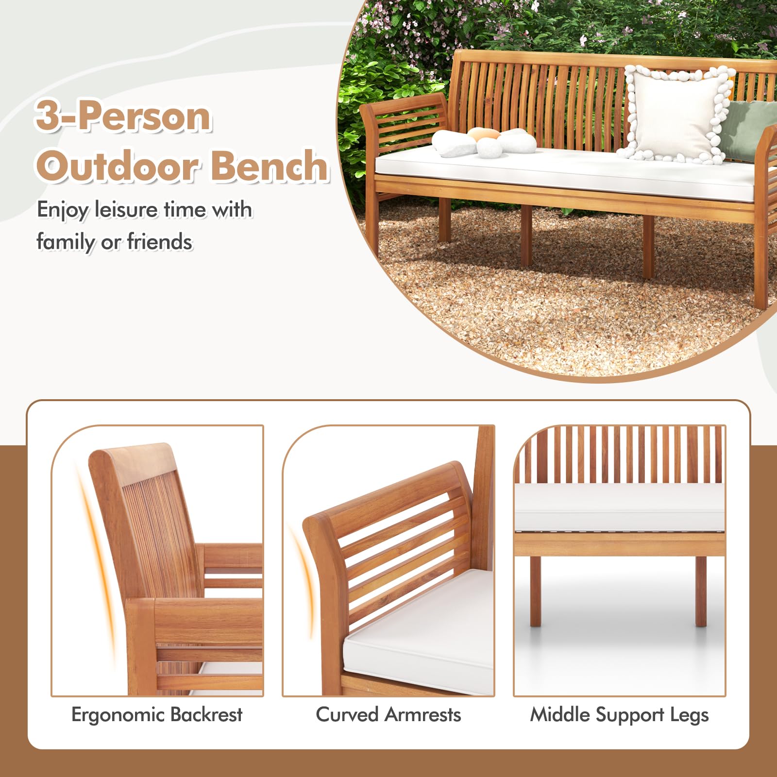 3-Seat Outdoor Wood Bench with Cushion