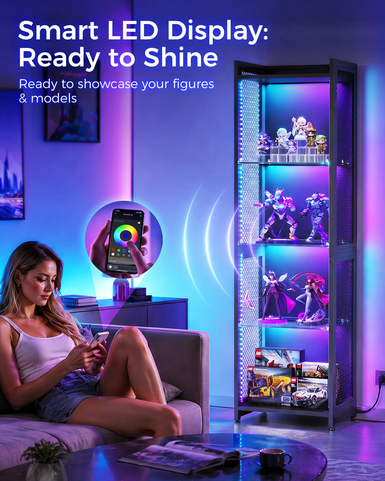 4-Tier LED Display Cabinet with Glass Shelves