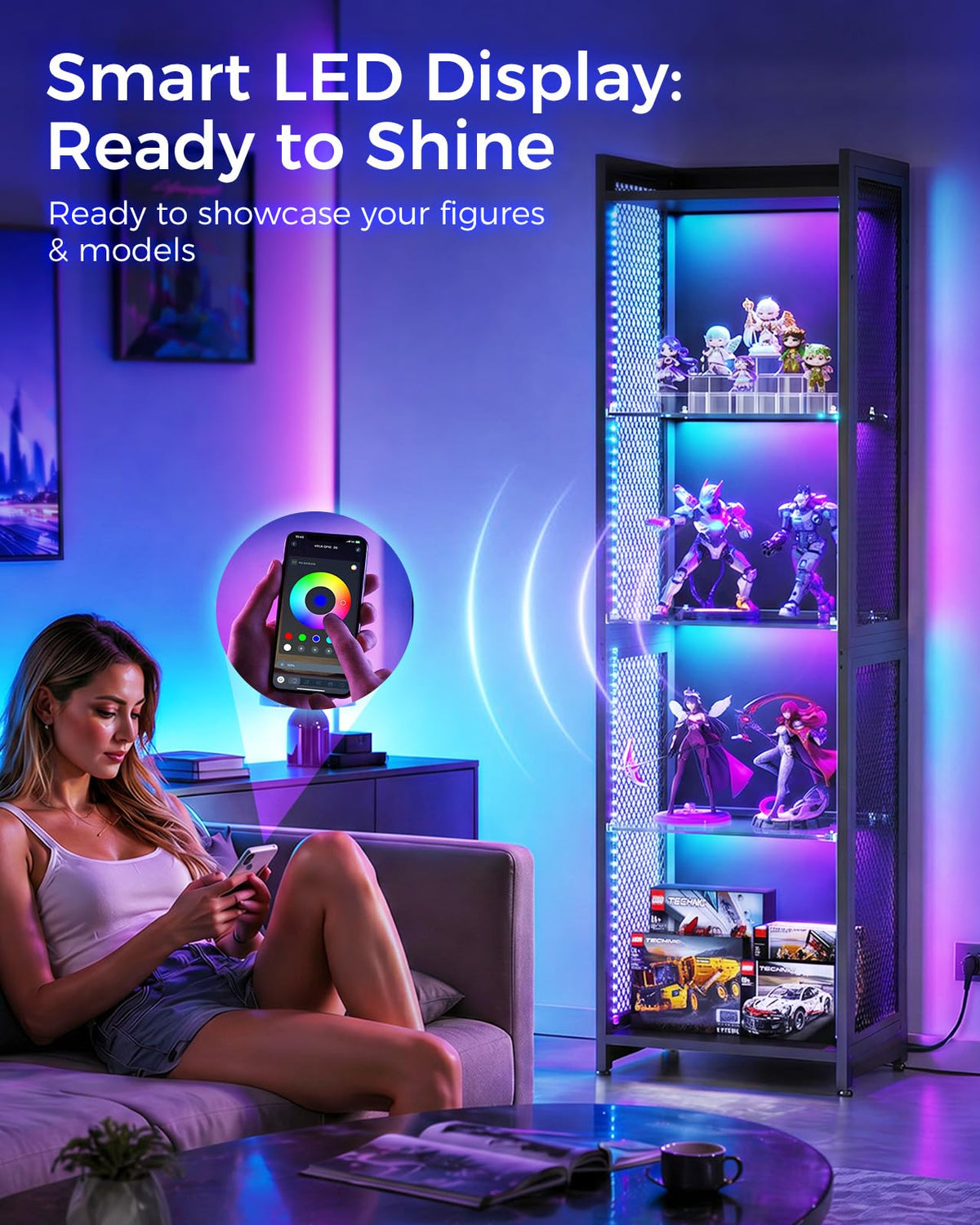 AODK RGB Display Case with Glass Shelves, 4-Tier Corner Display Cabinet