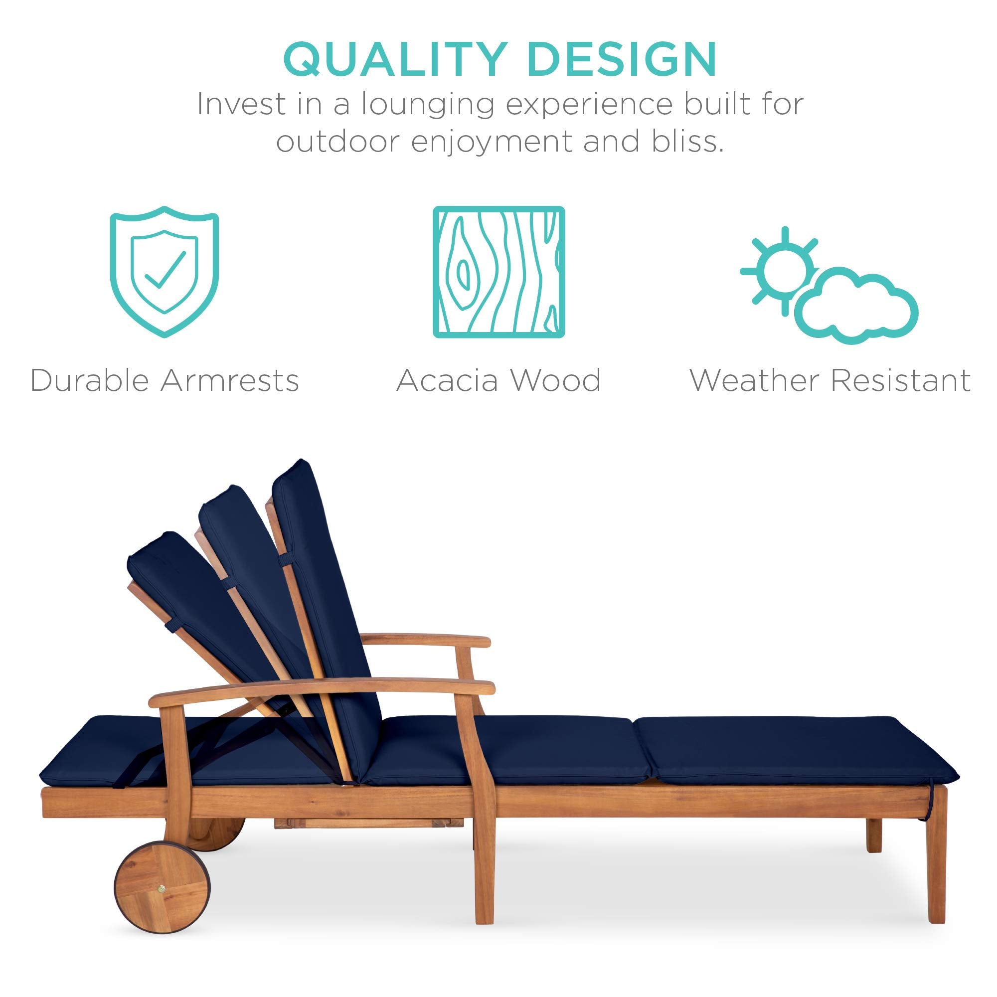 Acacia Wood Outdoor Chaise Lounge Chair with Slide-Out Side Table