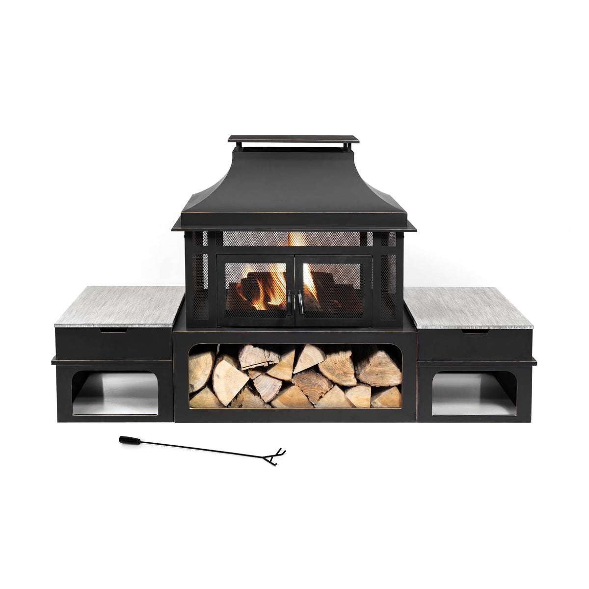 Deko Living Rimasco 80-Inch Metal Wood Burner Fireplace with Side Storage Tables - Wood Burning Fire Pit for Home - Smokeless Patio Fire Pit - Outdoor