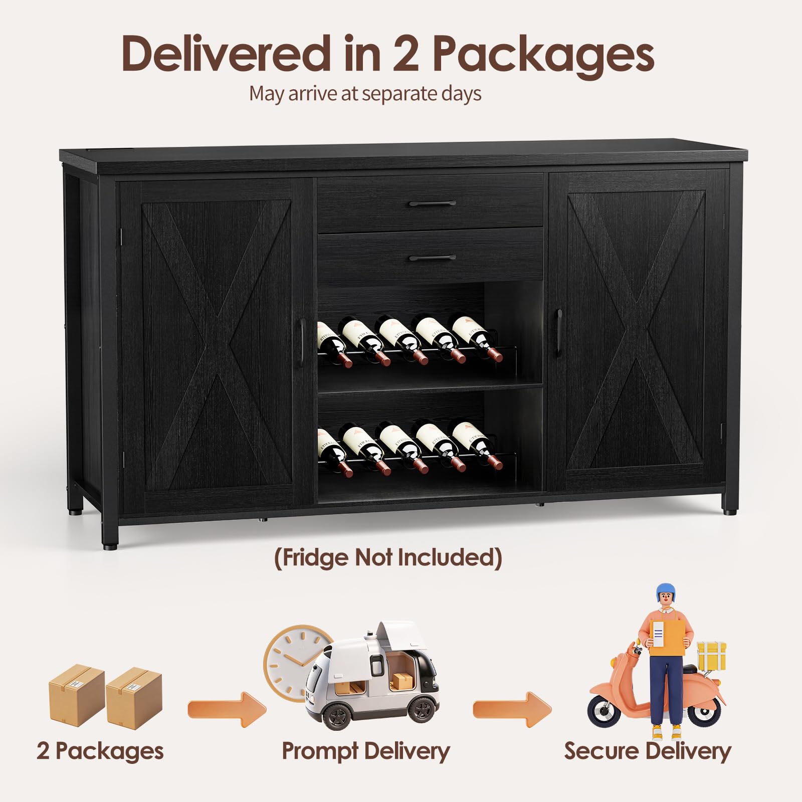 Leteuke Large Coffee Bar Cabinet with 2 Fridge Space, 70.8" L Kitchen Wine Cabinet, Wood Buffet Sideboard Table Station, Farmhouse Liquor Cabinet with Drawers Wine Rack for Home, Living Room-Black