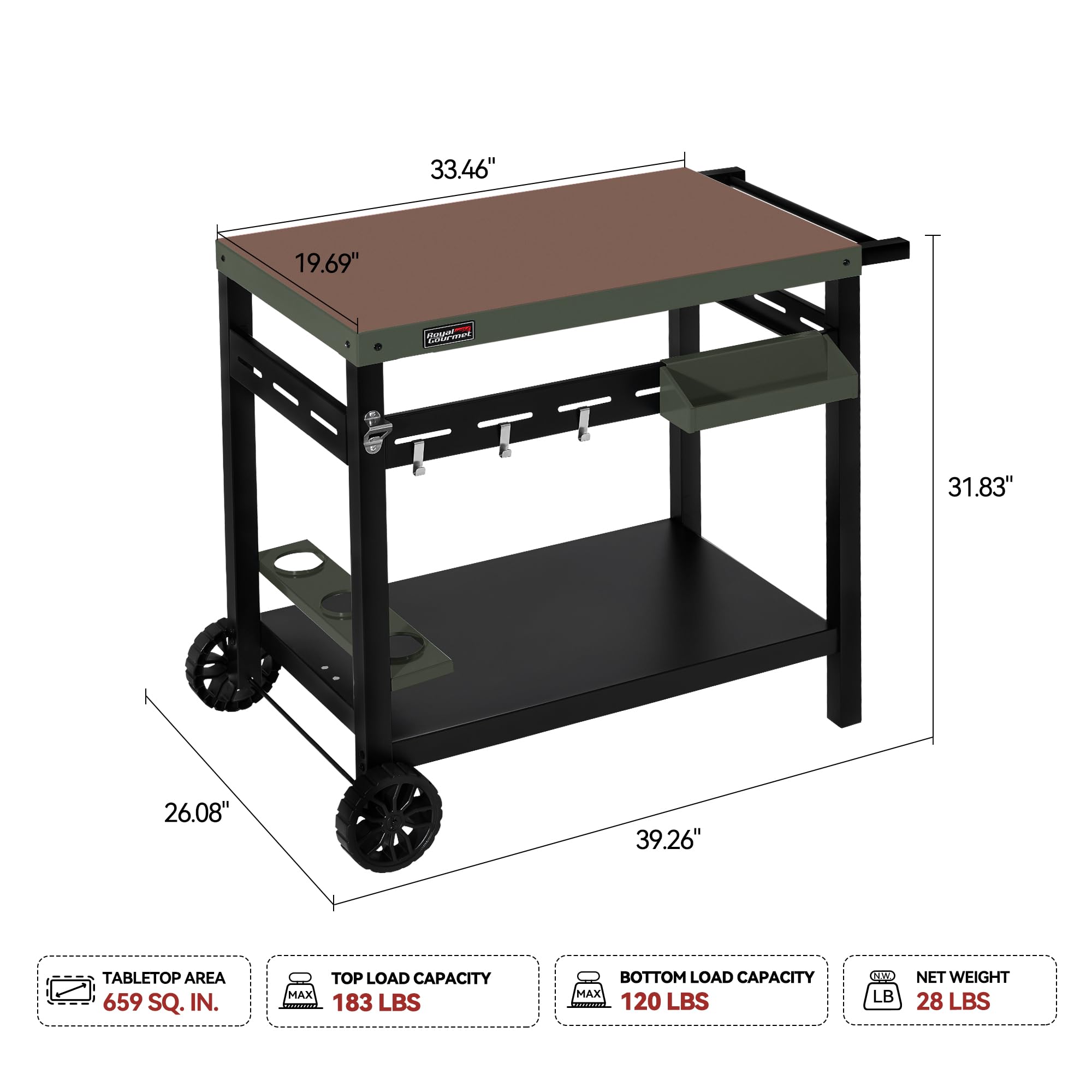 Grills House PC3406G Indoor/Outdoor Double-Tier Dining Cart, Sturdy Structure and Open Storage Shelf, Front Basket, Easily Mobility with 2 Wheels and Multifunctional Side Handle, Olive-Green
