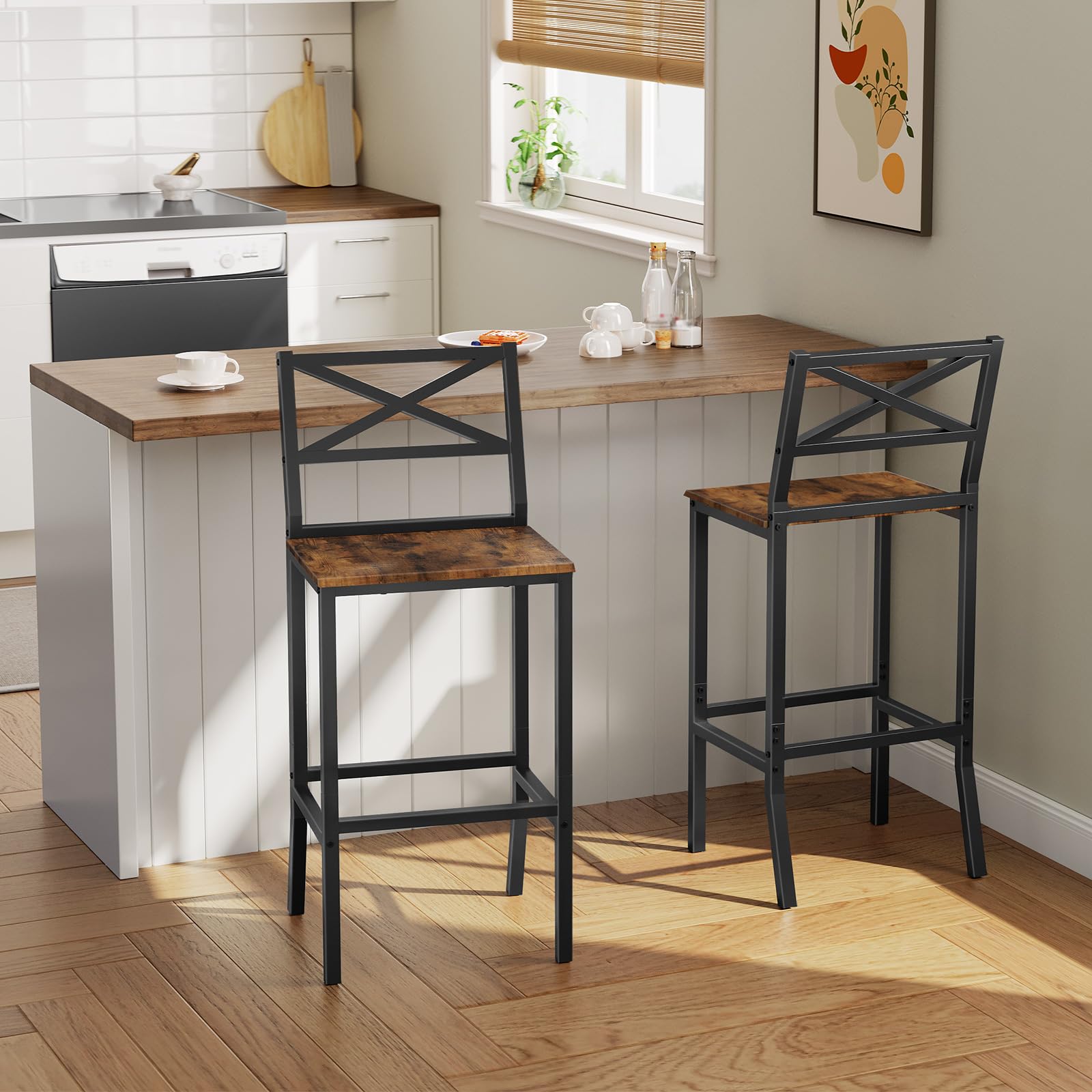 MAHANCRIS Bar Stools, Set of 2 Bar Chairs with Backrest and Footrest, 26" Tall Counter Bar Stools, Kitchen Breakfast Bar Chairs, Easy Assembly, for Dining Room, Rustic Brown BAHR0901N1