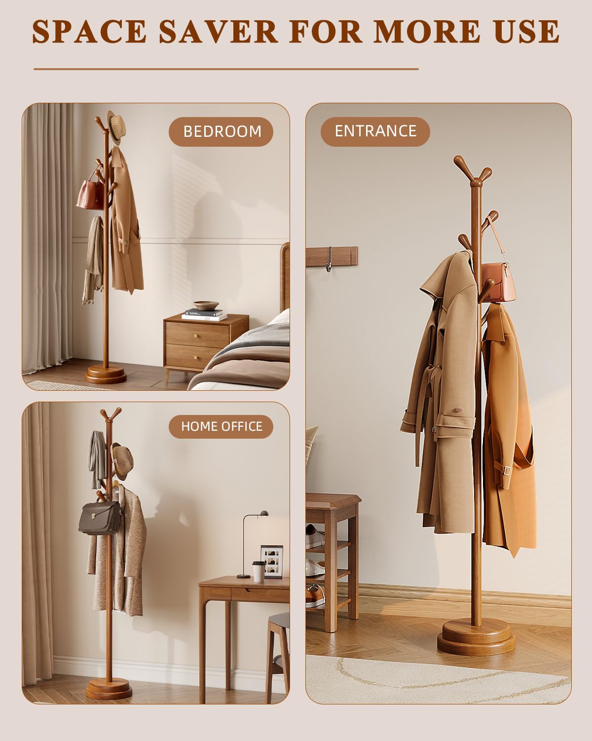 Freestanding Coat Rack with 8 Hooks, Adjustable Height