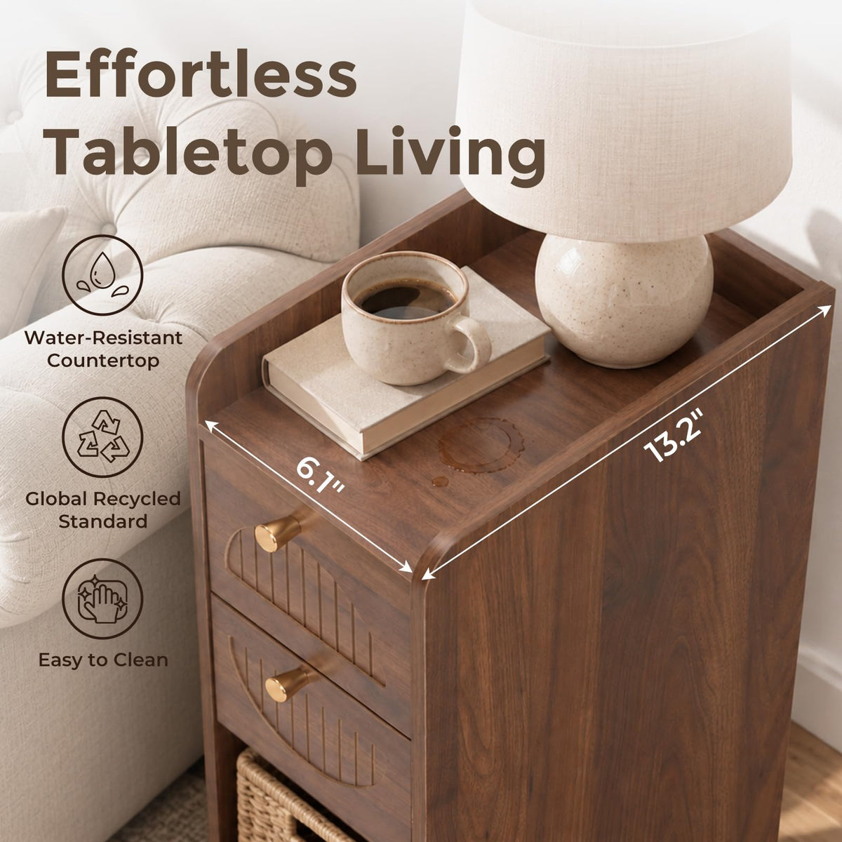 Micleed Narrow Nightstand Set of 2, Bedside Table with 2 Drawers, Walnut