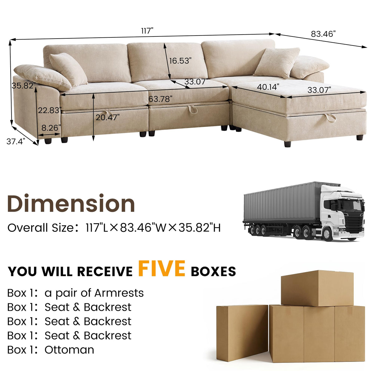 Modular Sectional Sofa with Storage Ottoman