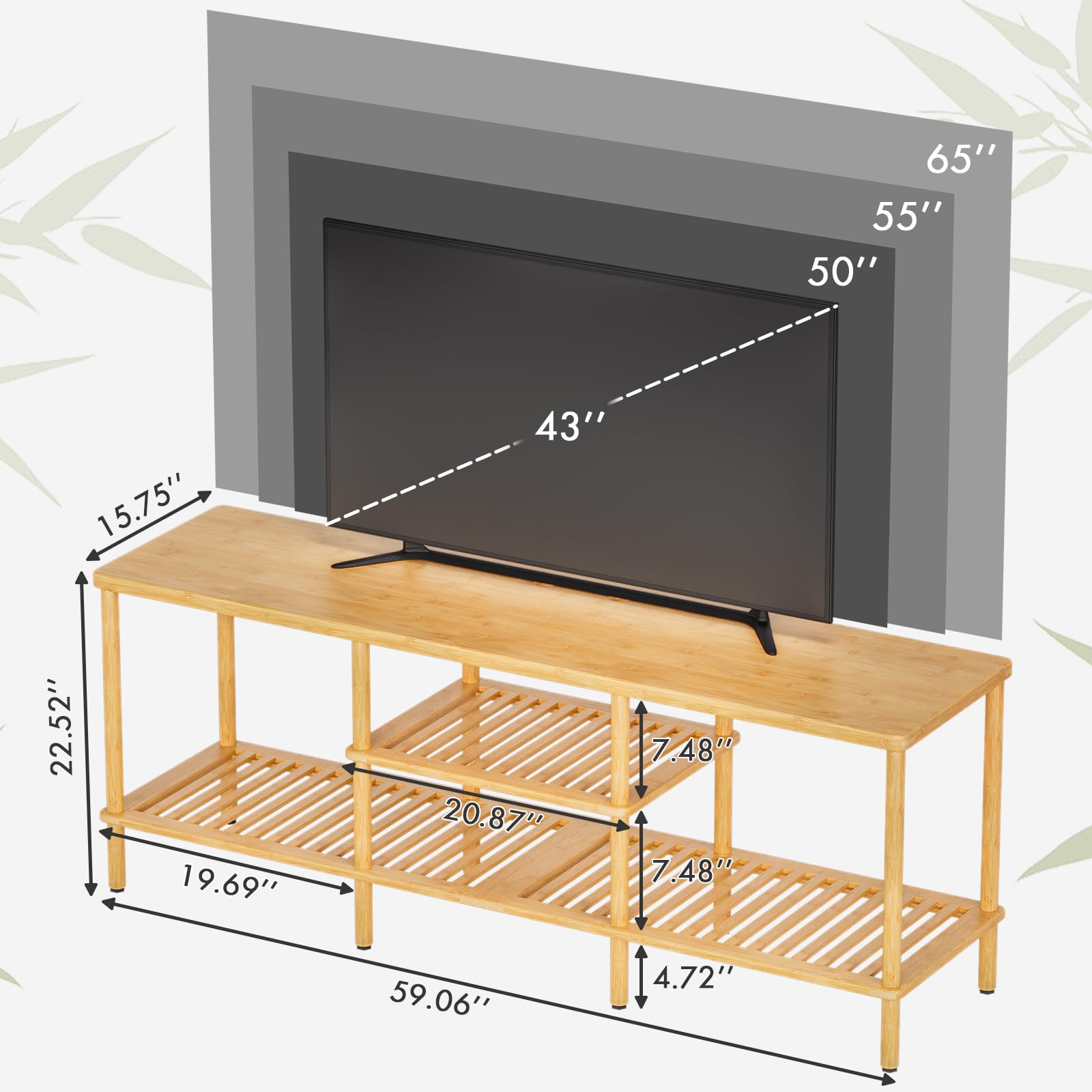 Bamboo TV Stand with 3-Tier Open Storage Shelf