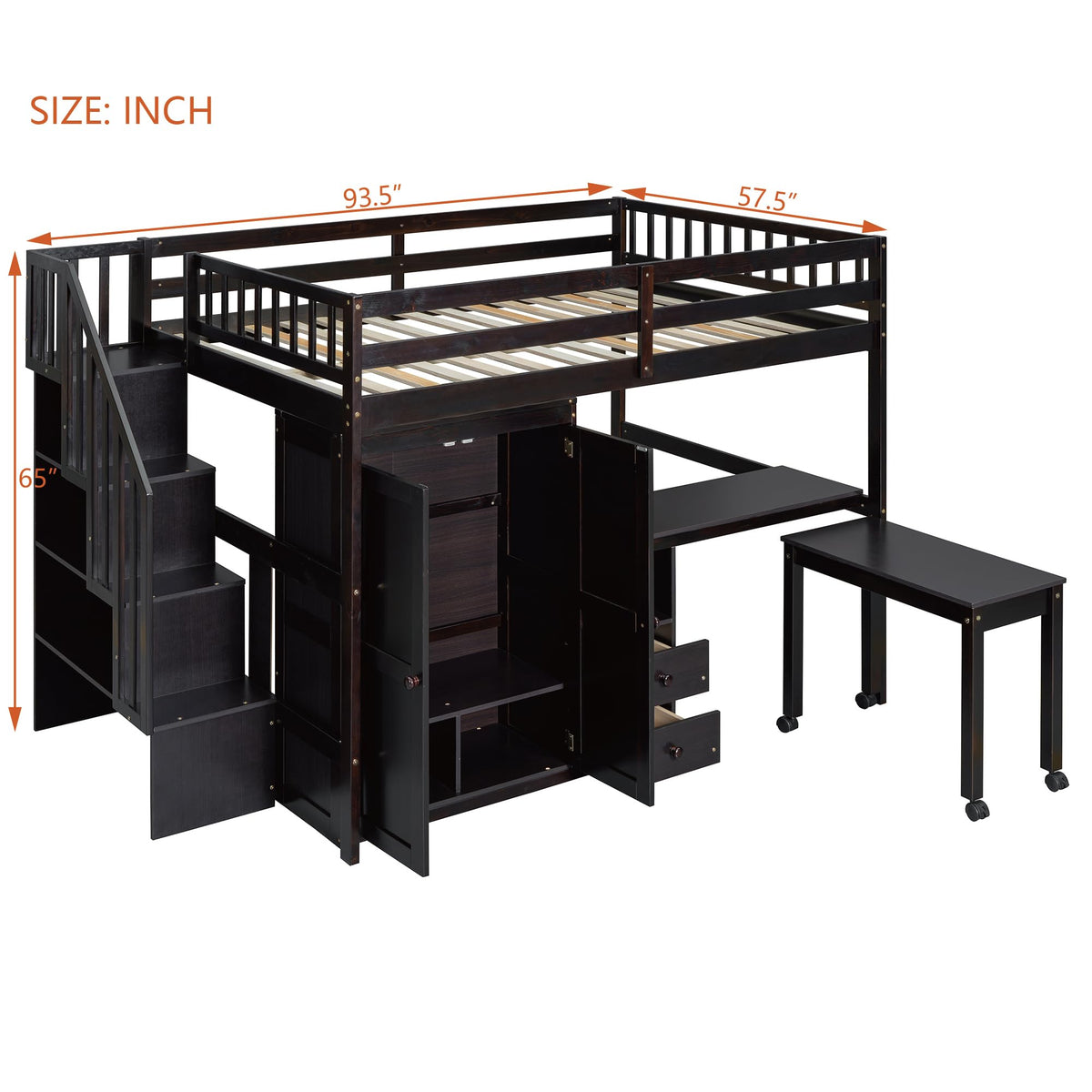 Merax Kids Full Multifunction Loft Bed with Desk/Wardrobe, Wood Storage Loft Bed with Staircase, Bookshelf & Drawers, No Box Spring Needed, Space Saving, Espresso