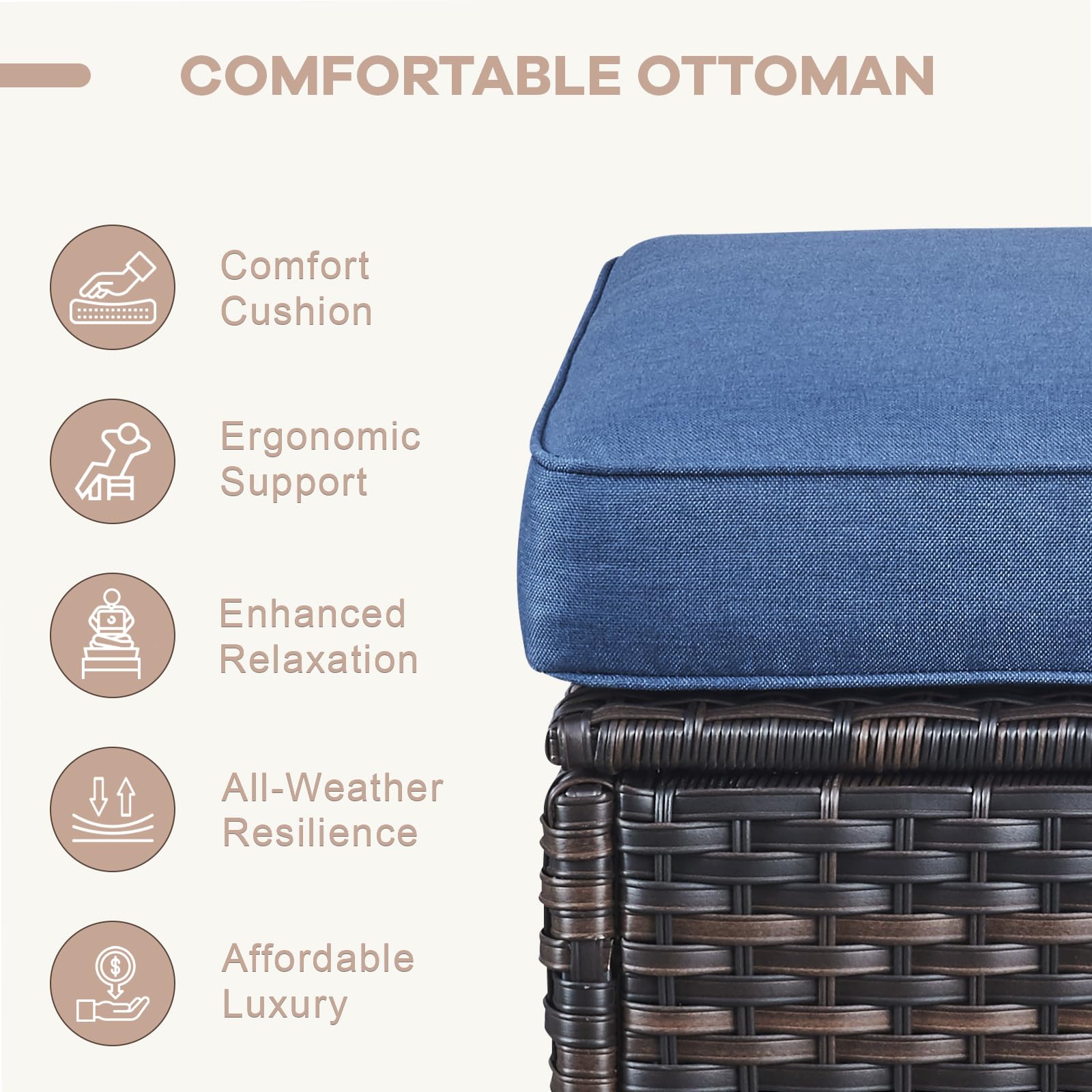 Outdoor Wicker Ottoman Set of 2 with Cushions
