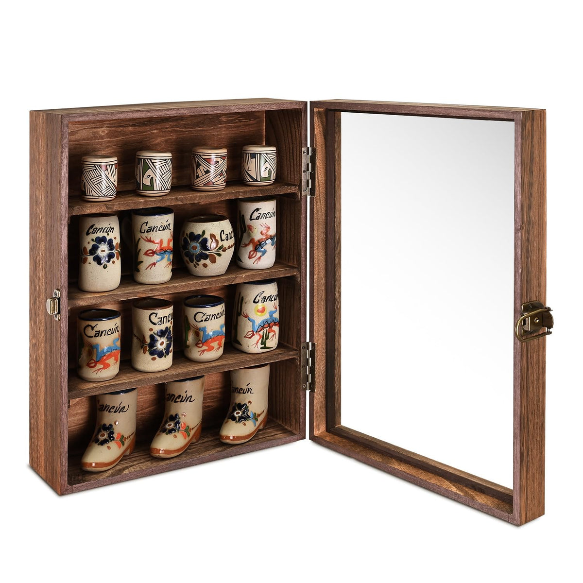 Wall-Mounted Wood Display Case with Glass Door and Lock