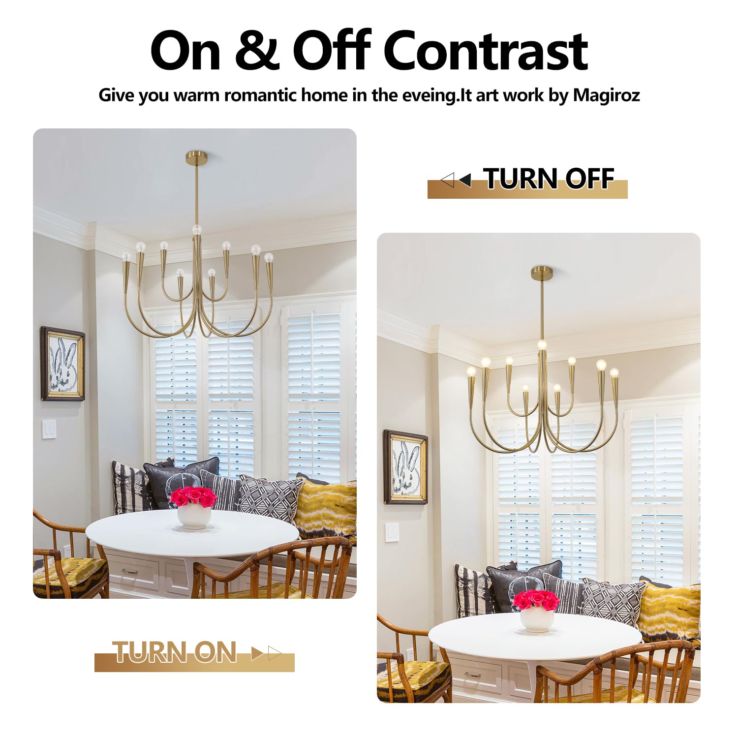 Magiroz 9 Light Modern Farmhouse Gold Candle Chandelier Light Fixtures Large Vintage Brass Metal Candle Pendant Lighting Rustic Industrial Candlestick Chandelier Hanging Dining Room Light MPL26-9 GD