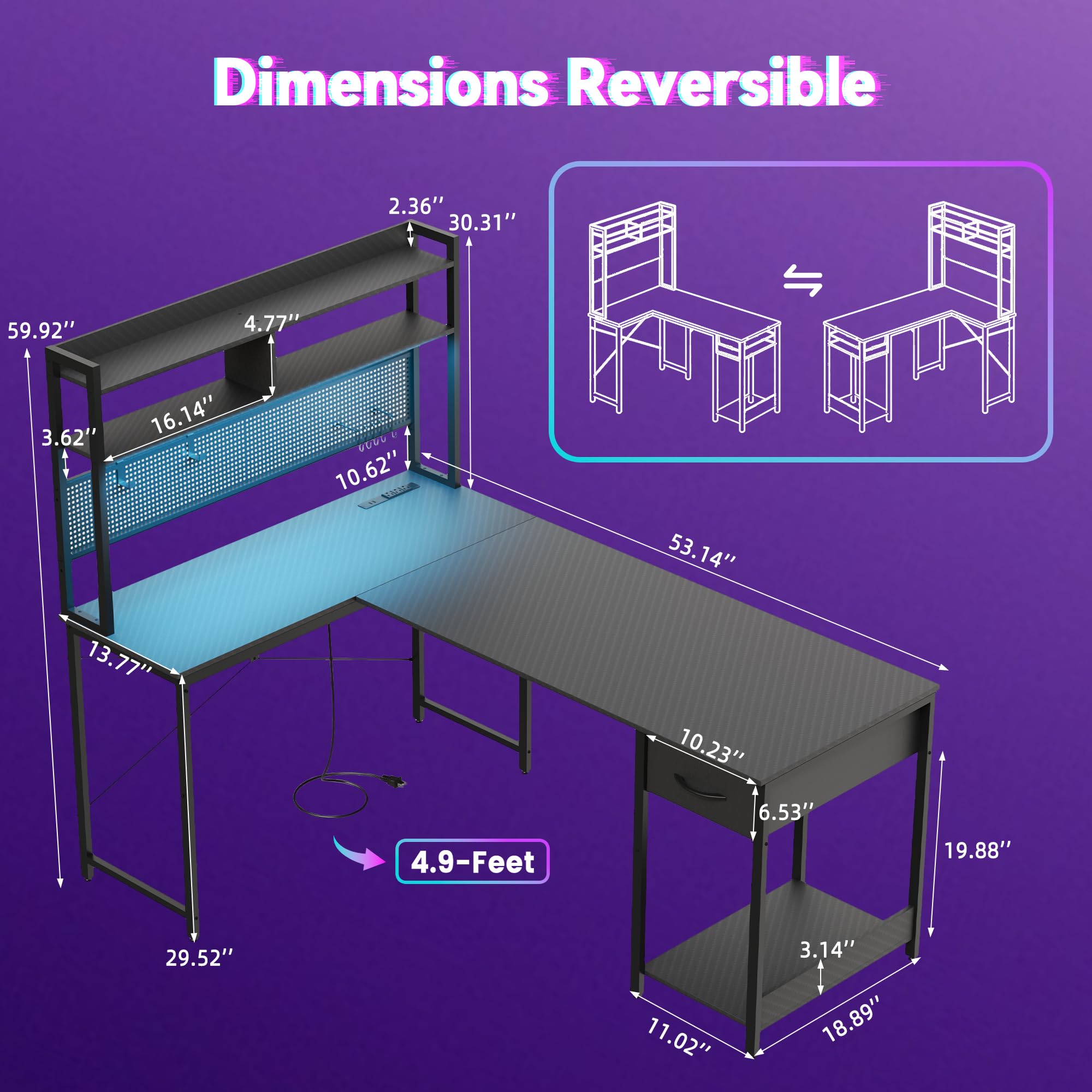 L-Shaped Gaming Desk with RGB LED & USB Charging