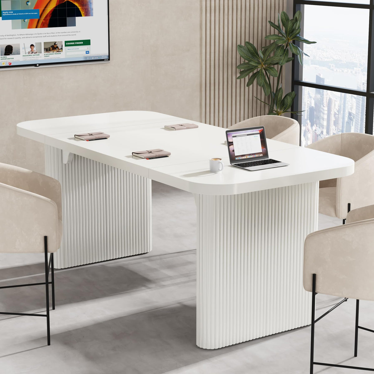 Tribesigns 5 ft Conference Table, Modern Rectangular Meeting Seminar Table with Double Pedestal, 62-Inch Large Boardroom Table for Office (White)