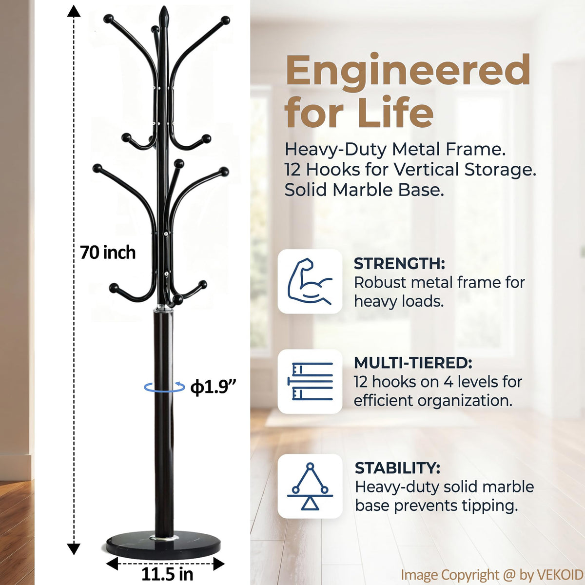 VEKOID 12 Hooks Metal Coat Rack Freestanding Coat Tree with Marble Base, Heavy Duty Coat Rack Stand for Clothes Hats Bags, Coat Hanger Stand for Corner Entryway Bedroom Office (Black)