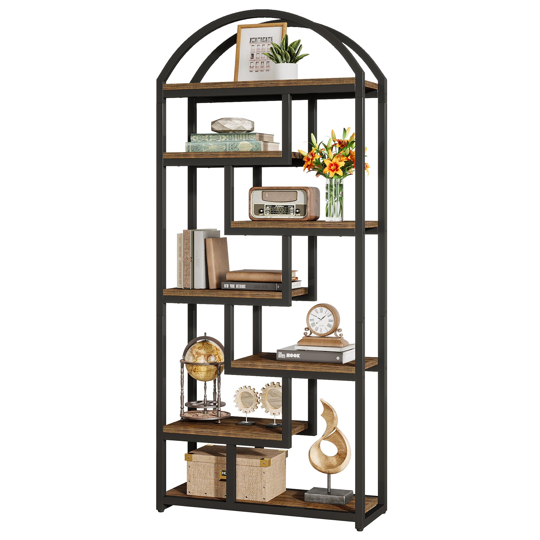 71" Arched Bookshelf 7-Shelf Industrial Etagere