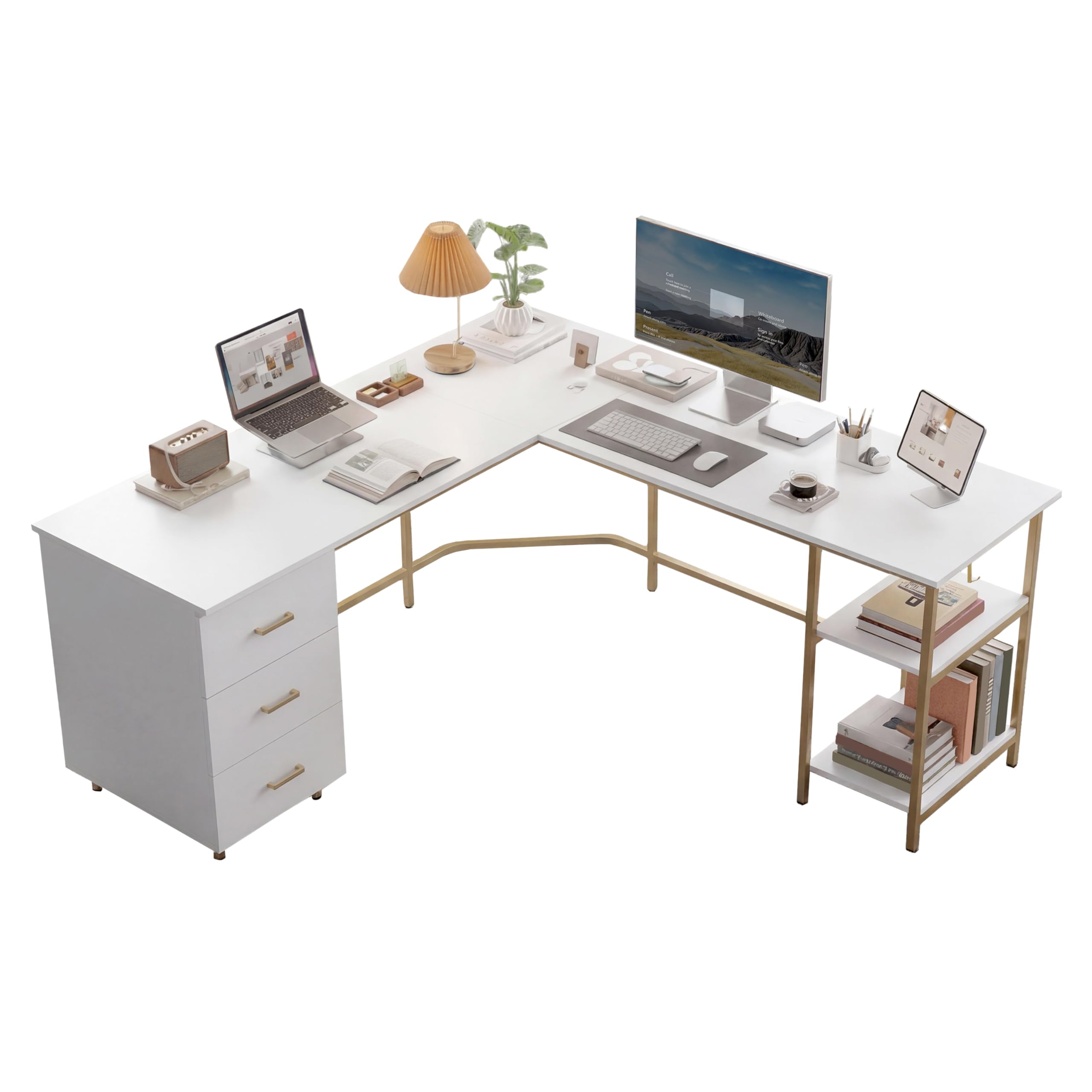 L-Shaped Computer Desk with Drawers & Storage Shelves