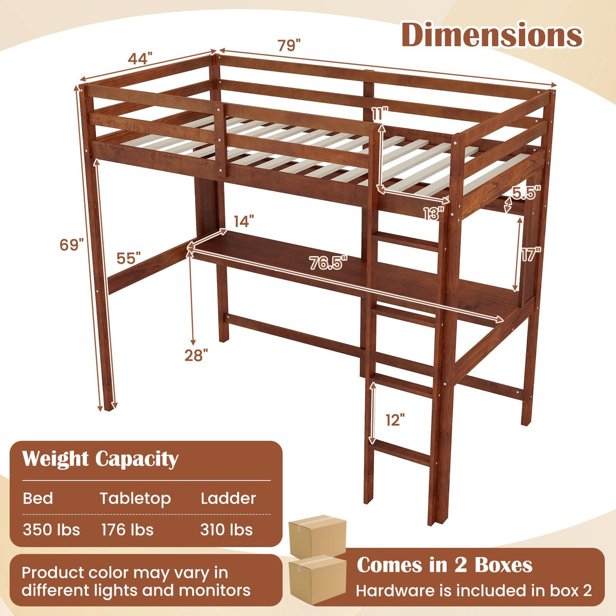 KOMFOTT Twin Loft Bed with Desk, Wood Loft Beds for Kids with Ladder, Solid Pine Wood Frame & Safety Guardrails, No Box Spring Needed, Space-Saving High Loft Bed Frame for Home, Dorm, Brown