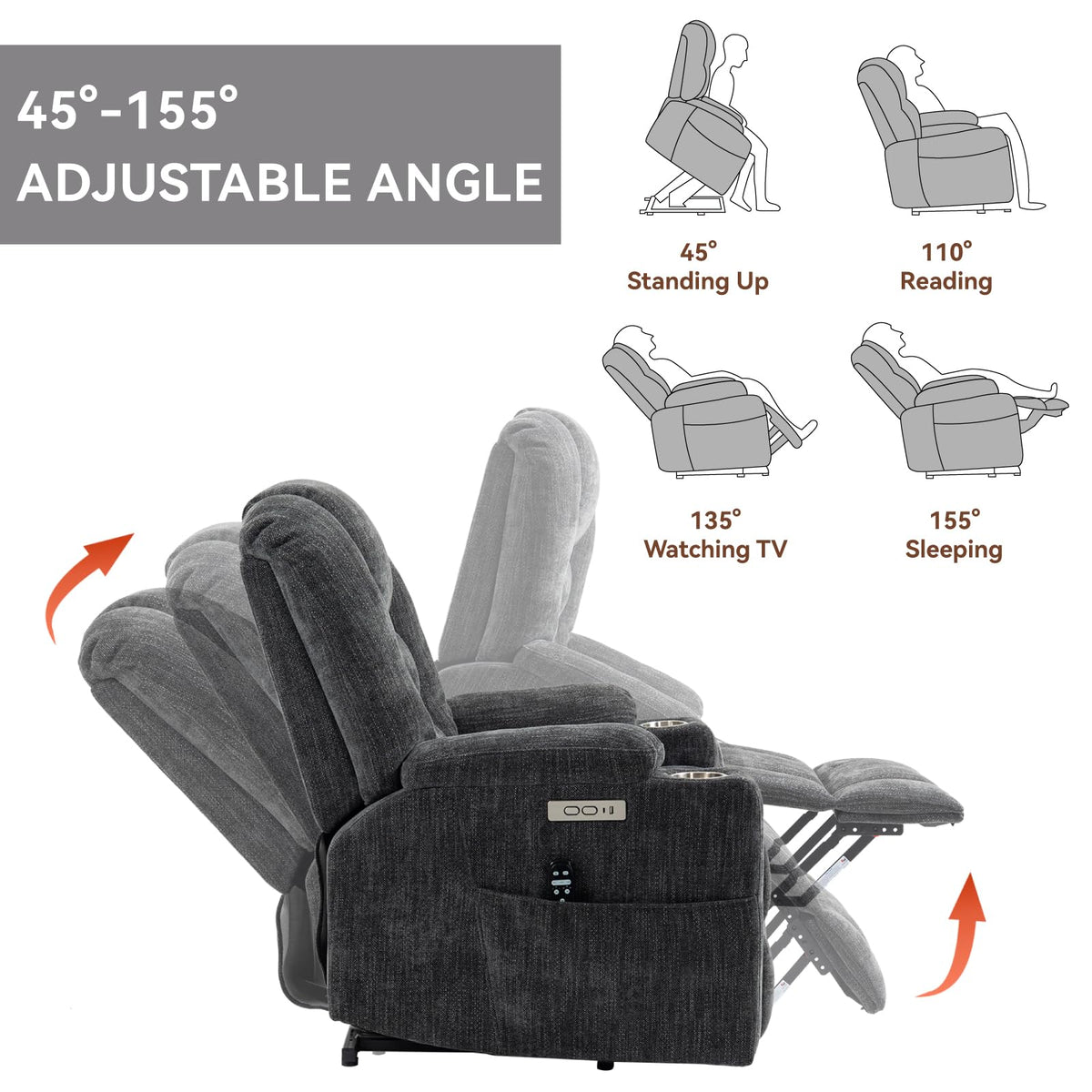 Power Lift Recliner Chair for Elderly with Massage & Heat, Chenille, Grey