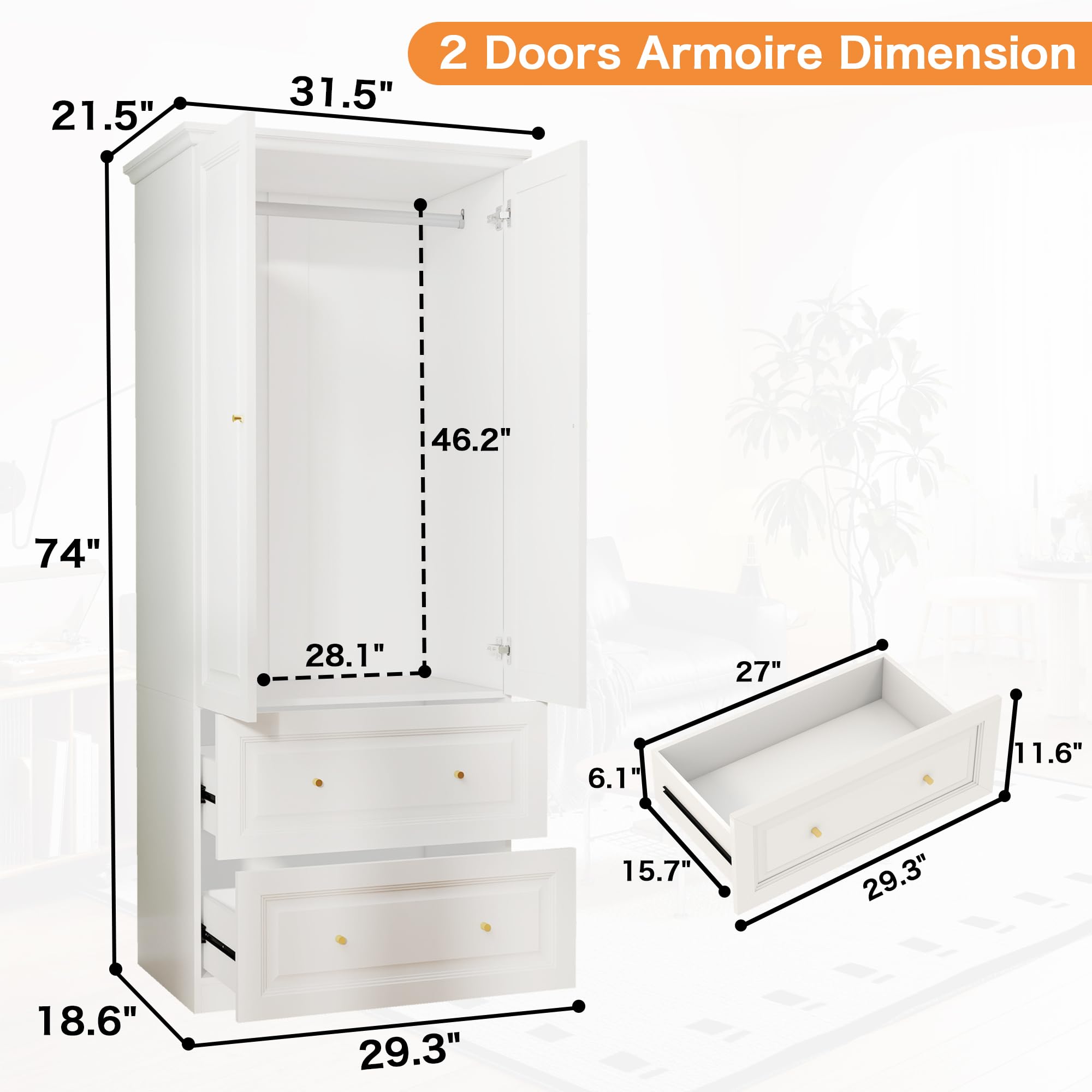 Mhsatyrs Armoire Wardrobe Closet with Drawers: Large White Wardrobe Closet with 2 Doors and 2 Drawers, Wooden Bedroom Armoires Storage Cabinet with Hanging Rod and Shelves (32")