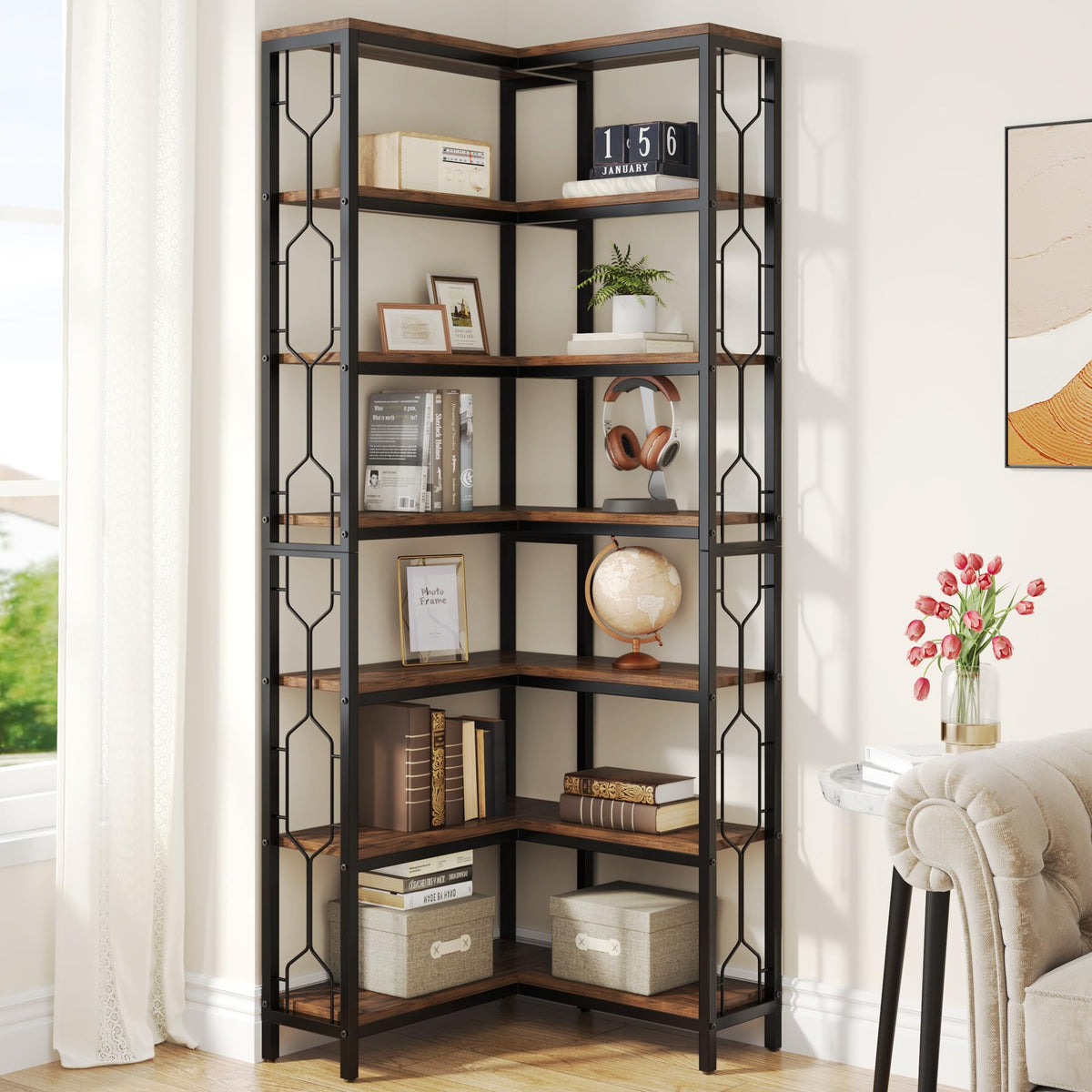 Tribesigns Corner Shelf, 7-Tier Industrial Corner Bookshelf and Bookcase