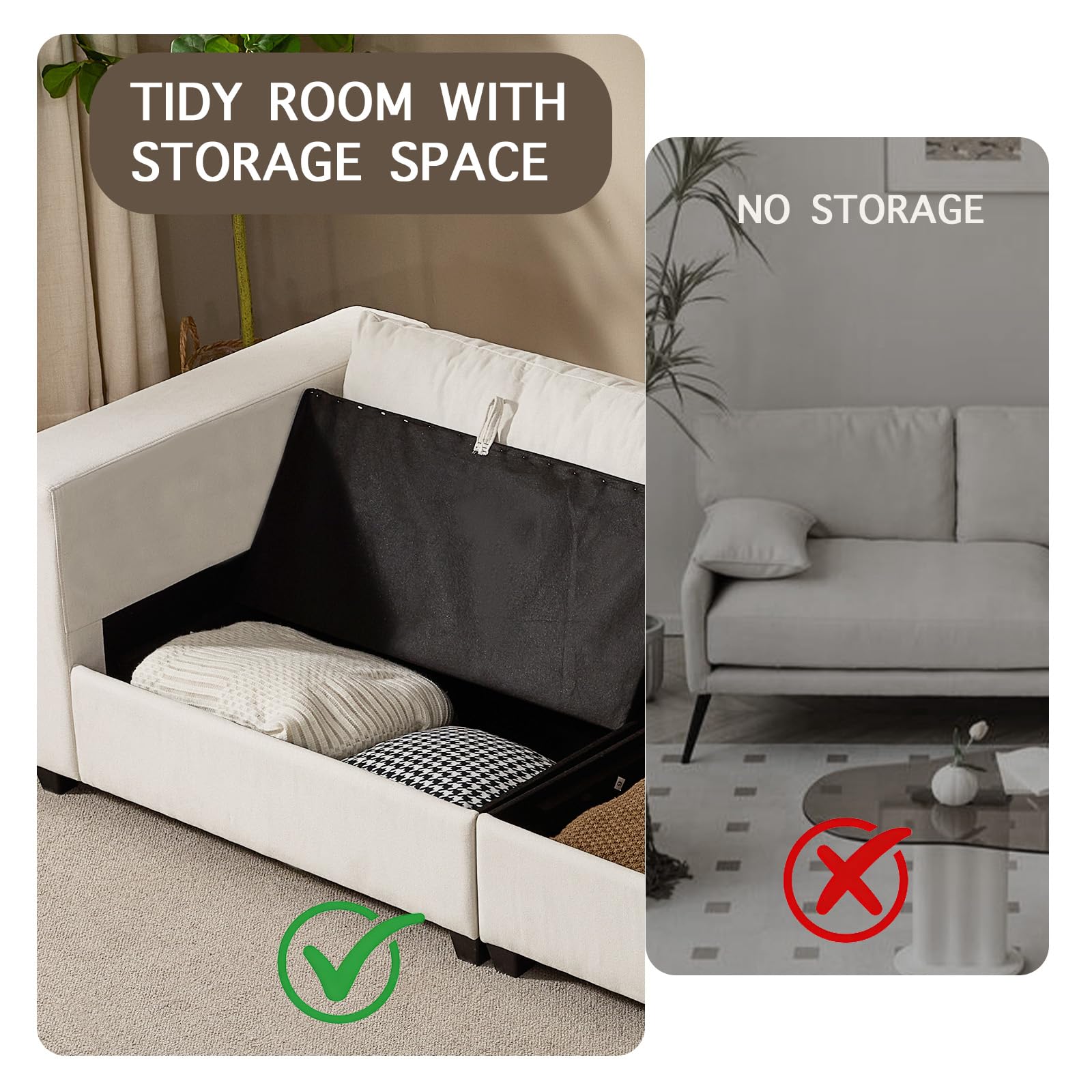 Orcalic 87'' Storage Sofa Couch, 3 Seater Sofa with Extra Deep Seats, Modern Couches for Living Room, Comfy Upholstered Space Saving Sofa with Washable Cushion Covers for Apartment, White
