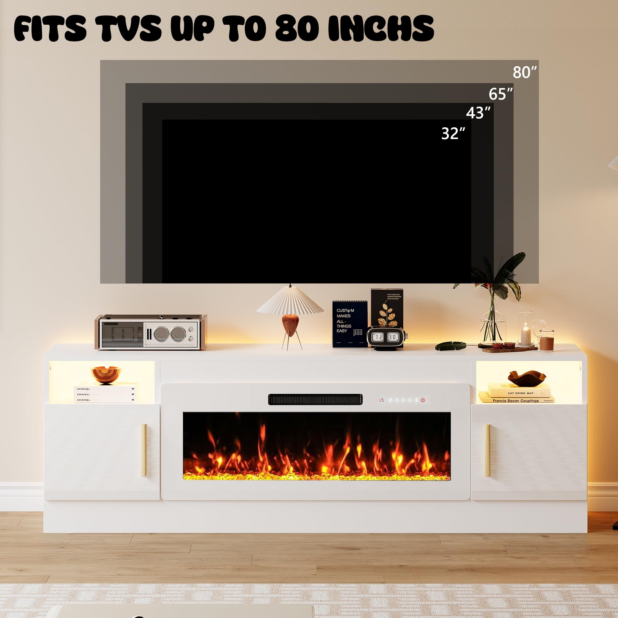 KENAINALU Fireplace TV Stand with 40’’ Electric Fireplace, 70'' TV Media Entertainment Center with Fireplace Up to 80 inch,Modern LED TV Console with High Gloss Cabinet for Living Room
