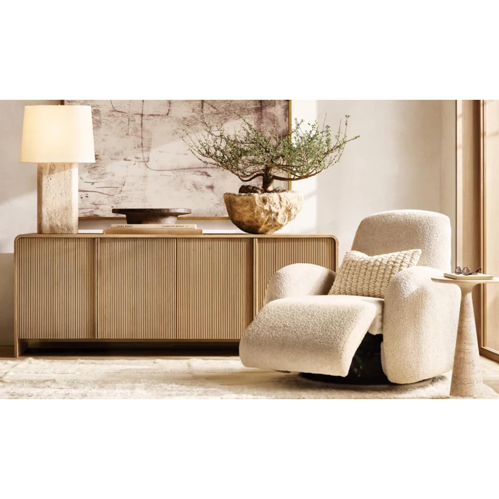 60" Reeded White Oak Sideboard Buffet, 4-Door Credenza with Adjustable Shelves & Cord Cutouts, Natural Oak
