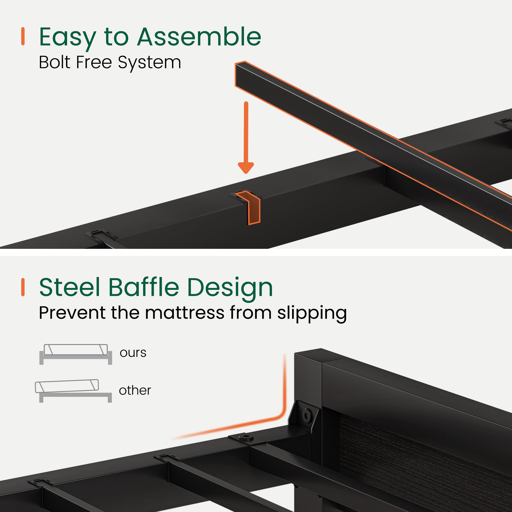 LARMACE Queen Size Bed Frame with 2 Storage Drawers, Upholstered Headboard, LED Light & Charging Station, Metal Platform Bed Frame, No Box Spring Needed, Easy Assembly, Black Oak