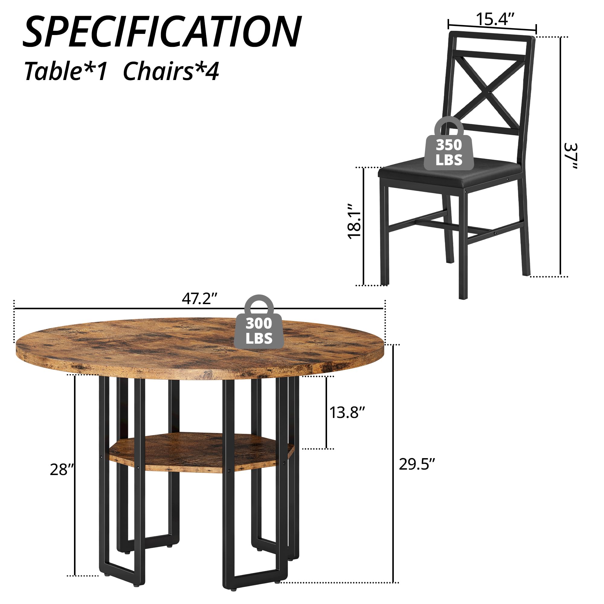 5-Piece Round Dining Table Set with 4 Chairs, 47"