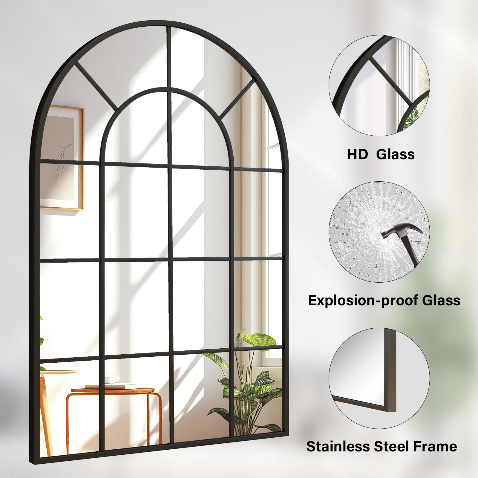 Arched Grid Wall Mirror with Metal Frame
