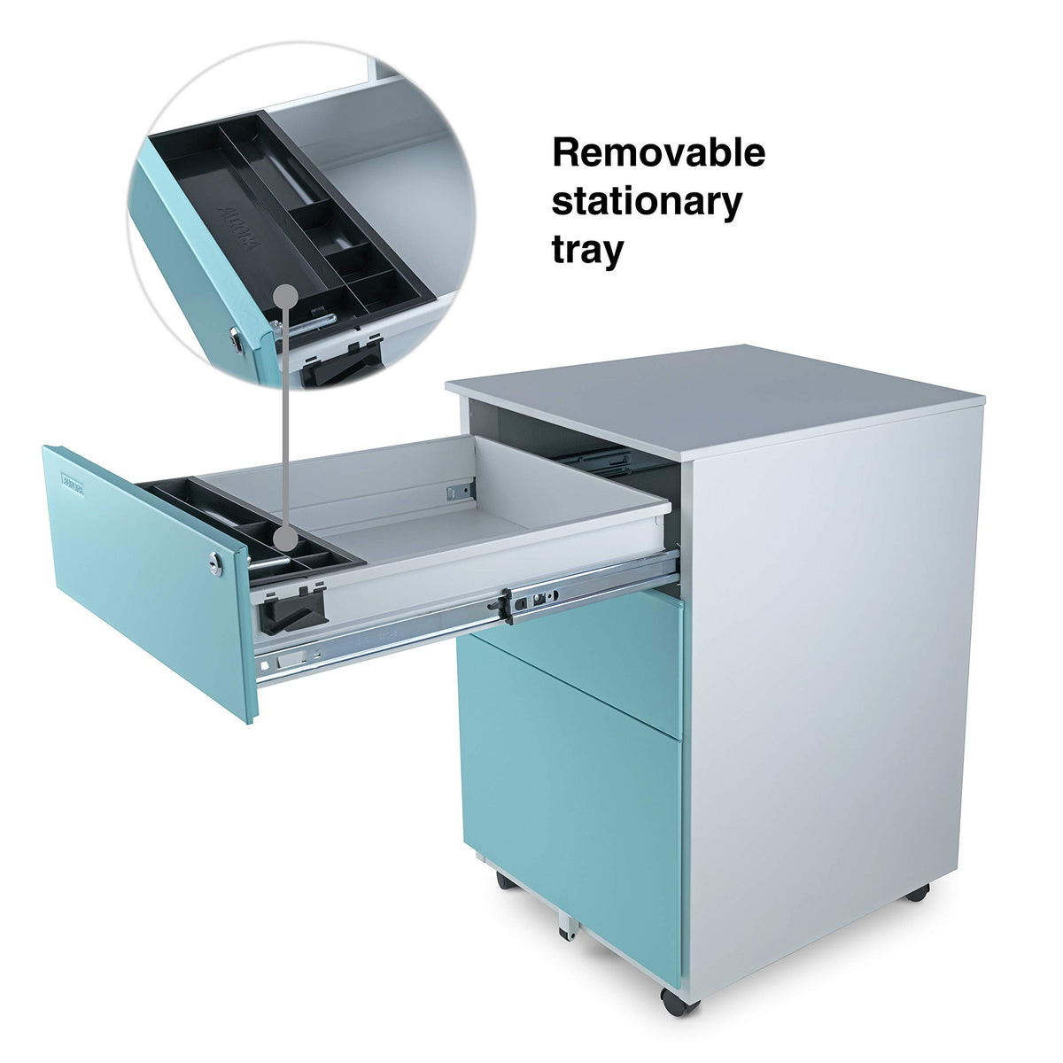 Aurora Mobile File Cabinet 3-Drawer Metal with Lock Key Sliding Drawer, White/Aqua Blue, Fully Assembled, Ready to Use