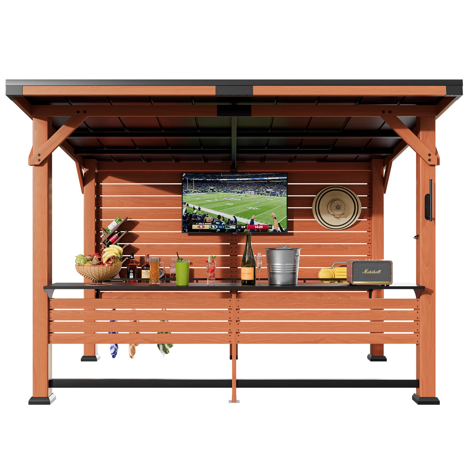10' x 8' Premium Outdoor Entertainment Bar Center, 26 Gauge Galvanized Steel Roof, Heavy-Duty Solid Wood Pillar,Warm Cedar Wooden Gazebo with Bar Top, TV Mount, Shelves and Hooks for Patio, Deck