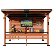 10' x 8' Premium Outdoor Entertainment Bar Center, 26 Gauge Galvanized Steel Roof, Heavy-Duty Solid Wood Pillar,Warm Cedar Wooden Gazebo with Bar Top, TV Mount, Shelves and Hooks for Patio, Deck