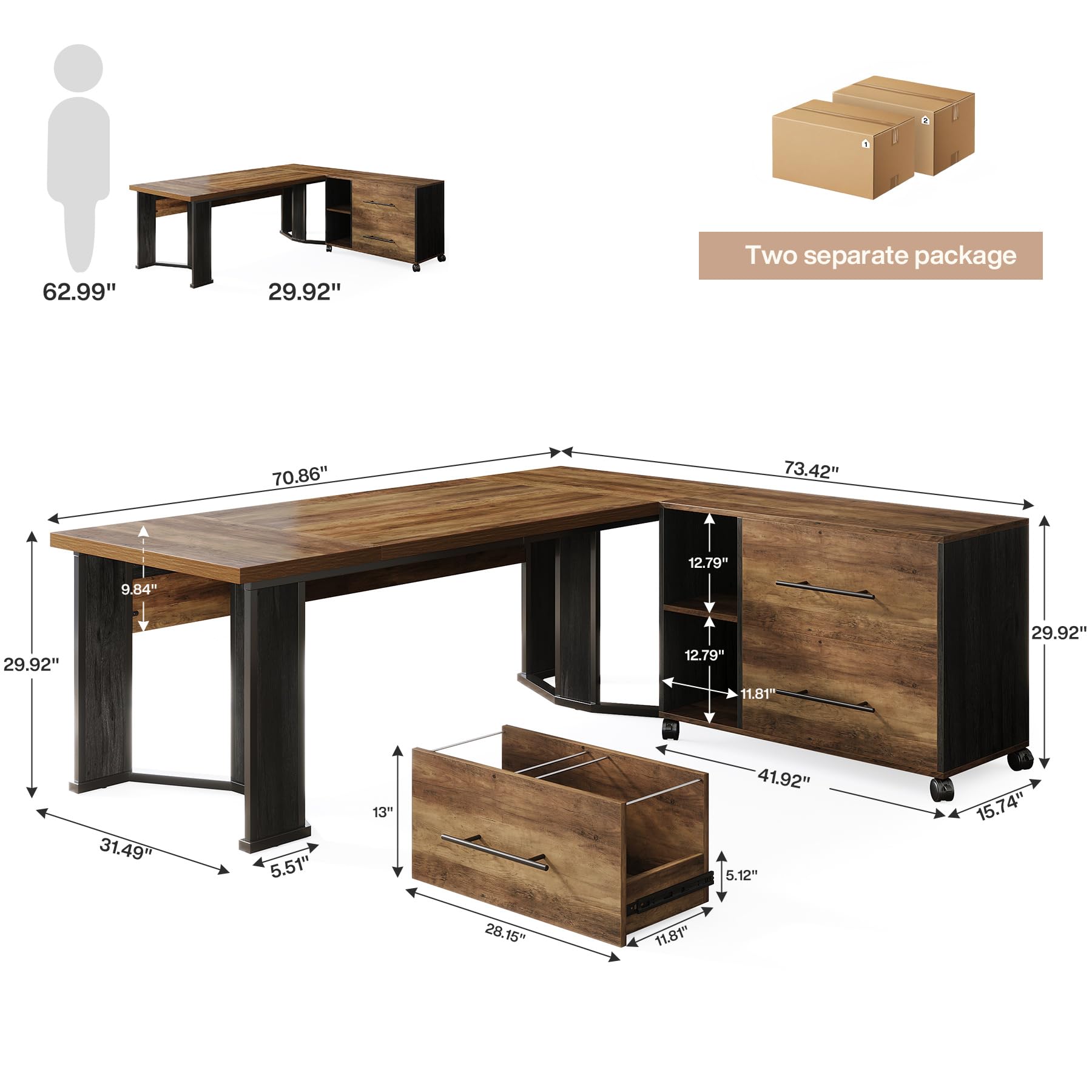 L-Shaped Executive Desk with File Cabinet