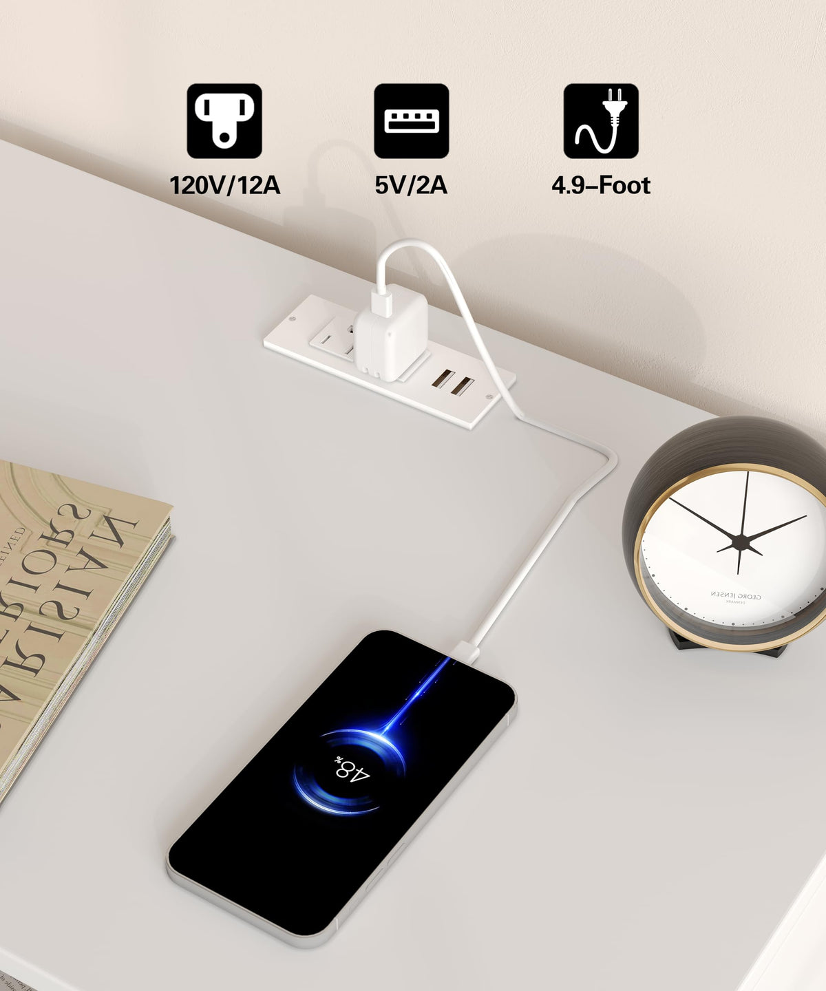 White Fluted Nightstand with Charging Station