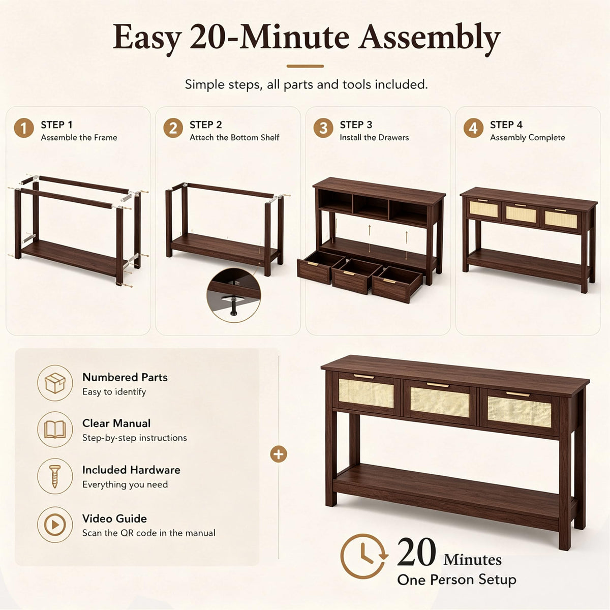 Rattan Console Table with 3 Drawers