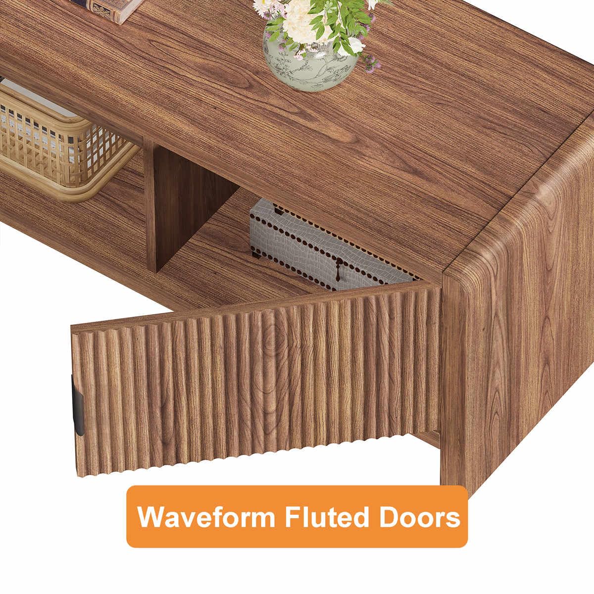FATORRI TV Stand for 75/65/55 Inch TVs, Farmhouse Entertainment Center with Storage, Wood Waveform Fluted-Door Television Media Console for Living Room,Bedroom (63" W, Walnut)