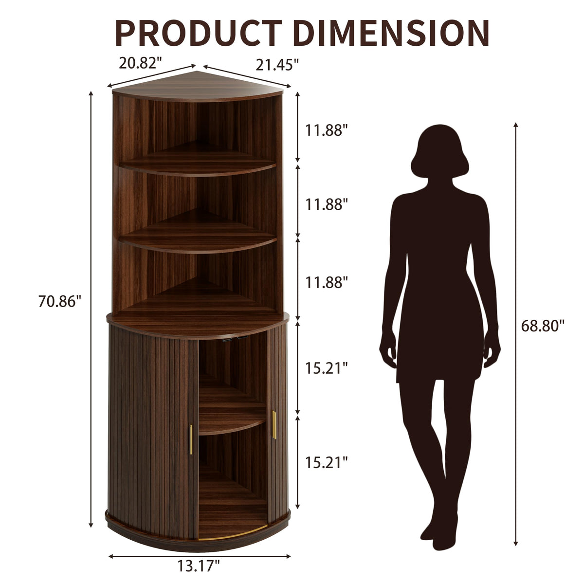 DHH 71" Tall Corner Bar Cabinet with LED Light & Wine Glass Holder(Walnut)