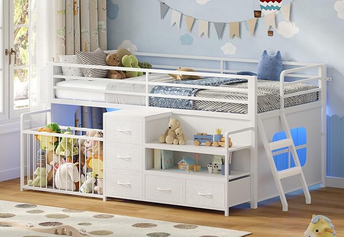 Low Loft Bed with Drawers & Shelves
