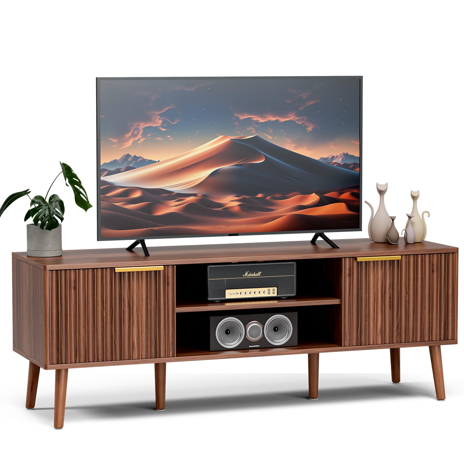 Mid-Century TV Stand with Fluted Door Cabinets