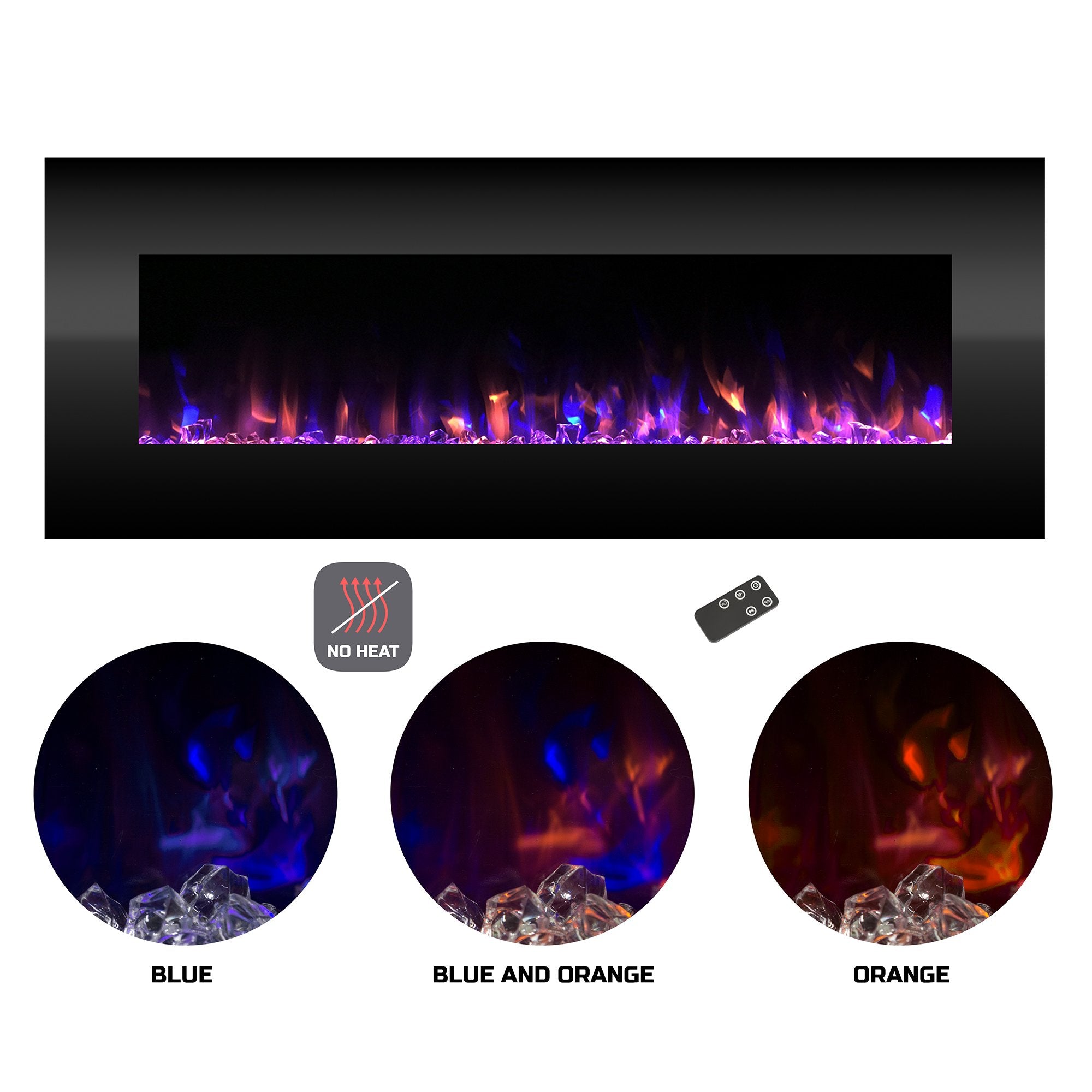 Northwest 54 Inch No Heat Wall Mounted Fireplace - Adjustable LED Flame Color and Brightness Electric Fireplace Wall Mounted with Crystal Background, Timer and Remote (Black)