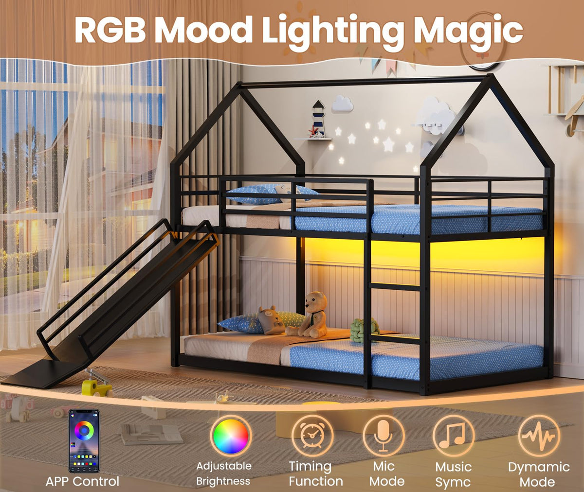 Twin Bunk Bed with Slide & LED Lights