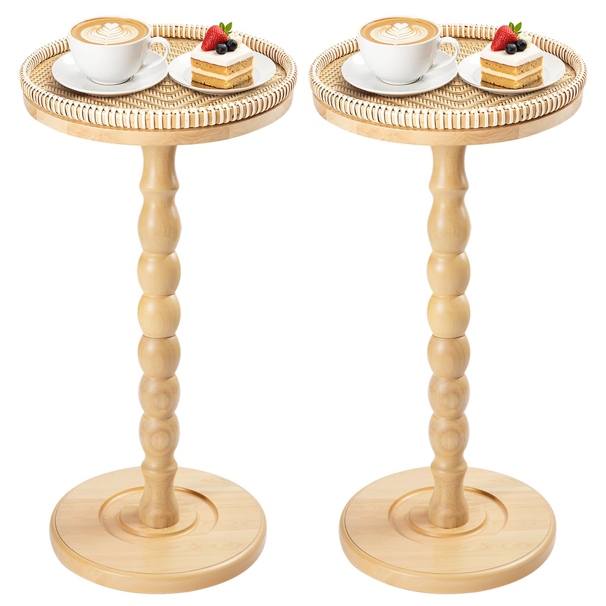 2 Pack Rattan Round Side Table, Rubberwood‌ Drink Table for Small Spaces