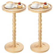 2 Pack Rattan Round Side Table, Rubberwood‌ Drink Table for Small Spaces